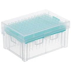 NEST Pipette Tips, DoubleStack Racked, Sterile, clear tips in a teal rack inside a clear hinged box