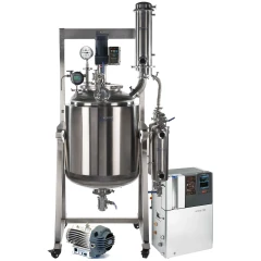 Ai 200L SST Reactor Decarboxylation Package, stainless vessel on frame with motor, condenser column, chiller and vacuum pump
