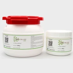 SonoMechanics NanoStabilizer-LSO, large white tub with red lid and smaller white jar, both with printed labels