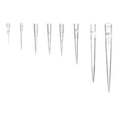NEST Pipette Tips, Bulk, Non-Sterile, clear tips in a row of increasing sizes, white background