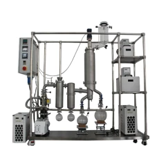 SK FMD-250 Stainless Wiped Film Evaporator, stainless column and traps on steel frame with glass flasks, chillers, controls