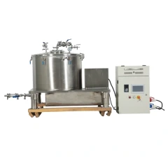 SK SZ Jacketed Extraction Centrifuge 30-300L, stainless drum with lid valves and gauge beside a touchscreen control cabinet