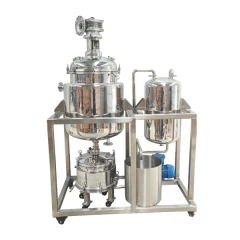 SK Stainless Steel Crystallization Reactor, polished vessel with top motor, receiving tank, filter vessel and pump on frame