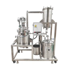 SK Stainless Steel Decarboxylation Reactor, stirred vessel, condenser tank, receiver and control box on a steel frame