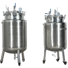 SK 150L Dual Jacketed Solvent Tank (DJT-150), two stainless tanks on caster legs with lid valves and pressure gauges