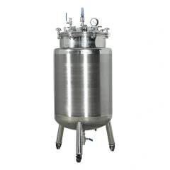 SK 300L Jacketed Solvent Tank w/ Stirrer, stainless tank on caster legs with lid valves, gauge and bottom valve