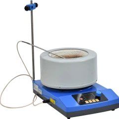 SK 2000ml Magnetic Stirring Heating Mantle, grey mantle on blue base with controls, support rod and temperature probe