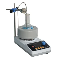 SK 5000ml Magnetic Stirring Heating Mantle, grey mantle on white base holding a glass flask, clamp stand and probe
