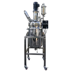 SK 100L Jacketed Stainless Steel Reactor, polished vessel with top motor, condenser and control box on wheeled frame
