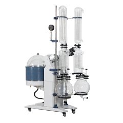 SK 20L Dual Condenser Rotary Evaporator R1020, two glass condensers, receiving flasks, heating bath and lift stand