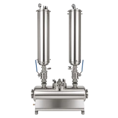 20lb Turn Key Closed Loop Extractor Setup, two stainless columns with gauges and valves over a horizontal collection base