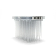 NEST Hamilton Tips, Clear, Barcoded, Boxed, black pipette tips racked in a clear box under a sealed white lid