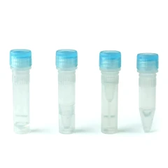 NEST Sample Vials, External Thread, Sealing Ring, four clear vials with blue caps on a white background