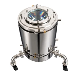 12" Jacketed Recovery Base with Wheels, polished stainless base with large sight glass lid on wheeled legs