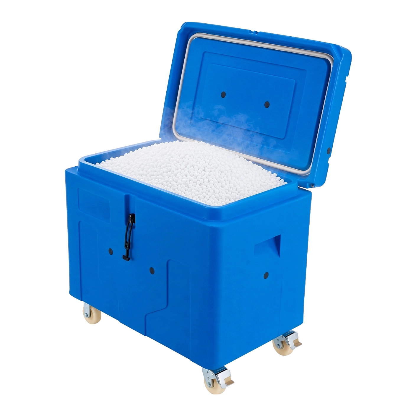 16mm Pelletized Dry Ice, Langley BC, blue insulated 500 lb dry ice tote on wheels filled with 16mm pellets