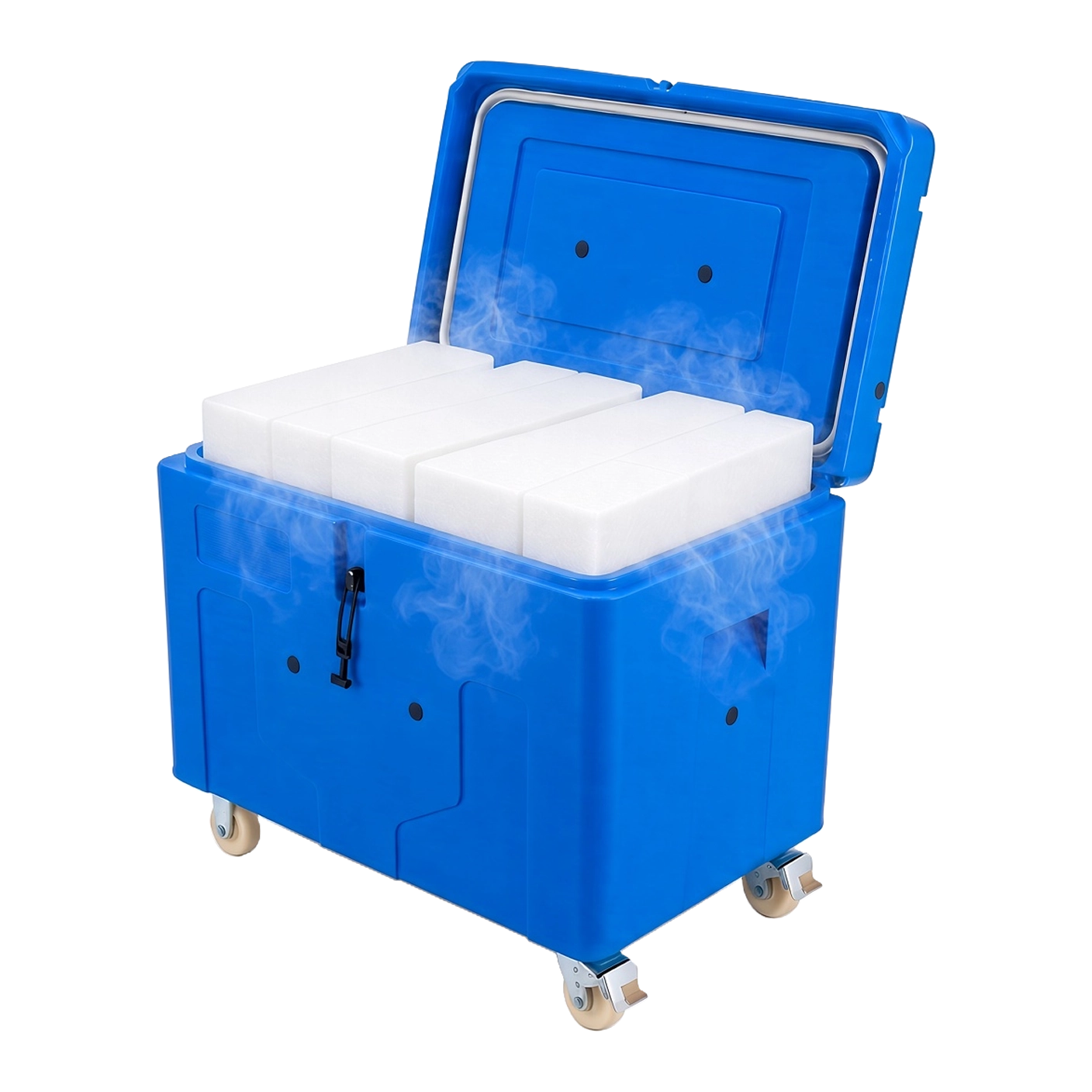 Dry Ice Blocks and Bricks, Langley BC, blue insulated 500 lb dry ice tote on wheels filled with dry ice blocks