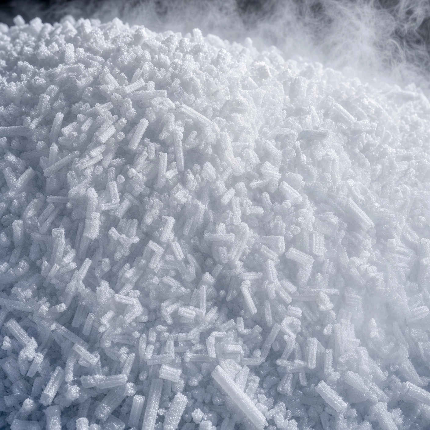3mm Dry Ice Rice Pellets, Langley BC, close-up of 3mm dry ice rice pellets giving off CO2 vapour