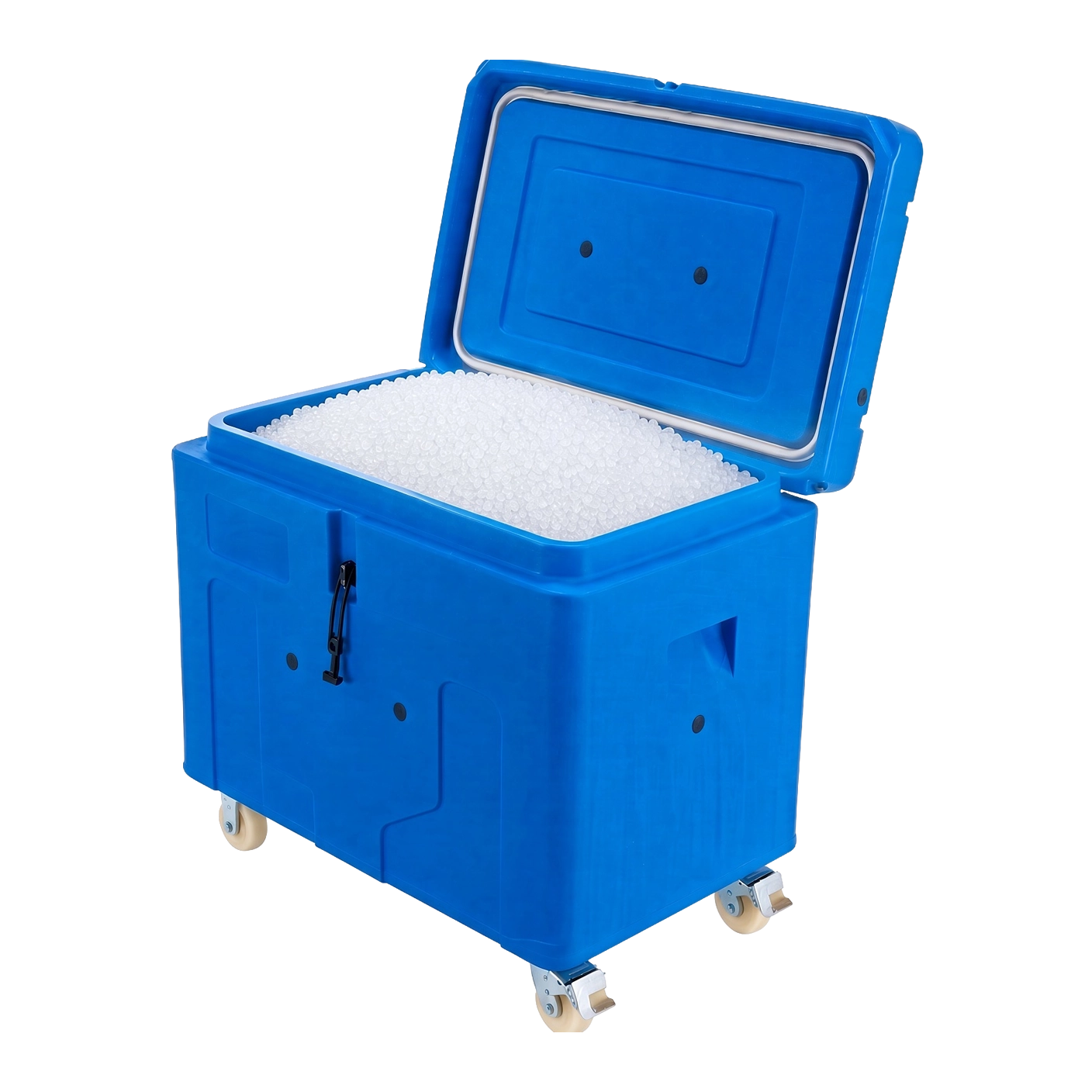 3mm Dry Ice Rice Pellets, Langley BC, blue insulated 500 lb dry ice tote on wheels filled with 3mm rice pellets