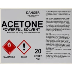 Acetone 99% tech grade, 20 litres net - label with flammable and toxic hazard symbols