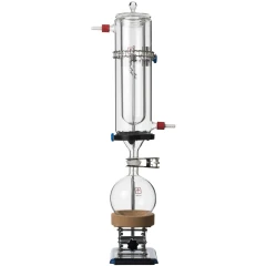 Ai T40 Glass Vacuum Cold Trap, clear glass trap with hose barbs above a round flask on a lab jack