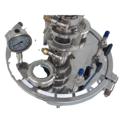 12" End Cap, 2" Ferrule & 2 Sight Glasses, stainless lid on a vessel with gauge, sight glass port and valves
