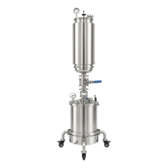 8lb Closed Loop Extractor, Passive-Active, stainless column with gauge above a jacketed base on caster wheels