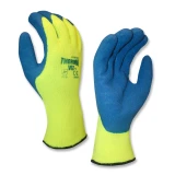 Latex Coated Hot and Cold Thermal Gloves, pair of yellow knit gloves with blue coated palms and fingers, white background