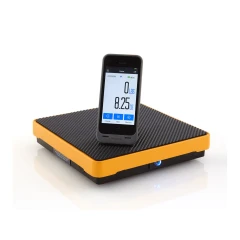 CPS CC220EW Compute-A-Charge Wireless Scale, black and orange platform with a phone app showing the weight reading