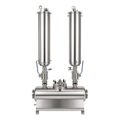 20lb 2-Column Closed Loop Extractor, two stainless columns with gauges over a horizontal collection tank