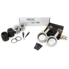 CPS TRS21 Recovery Pump Complete Rebuild Kit, pistons, rings, connecting rods, seals and bolts laid out with the box