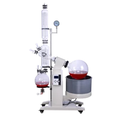 Science King 10L Rotary Evaporator, glass condenser, gauge and flasks on a white lift stand with heating bath