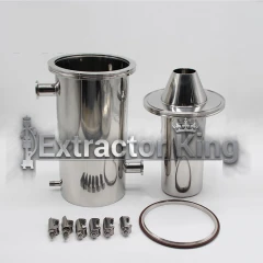 SK SS304 Vacuum-Jacketed Dry Ice Cold Trap, stainless outer vessel, cone insert, gasket and clamps laid out