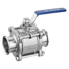 3" 3-Piece Tri-Clamp Ball Valve, stainless bolted body with tri-clamp ends and blue lever handle