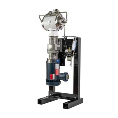 MVP-150 Master Vapor Recovery Pump, 150 PSI, stainless pump head over blue motor with regulator on black stand