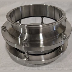 6" Tri-Clamp Inline Short Sight Glass, wide stainless flanges joined by bolts around a glass ring