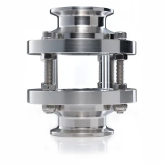 3" Tri-Clamp Inline Short Sight Glass, clear glass tube between stainless flanges with bolts and tri-clamp ends