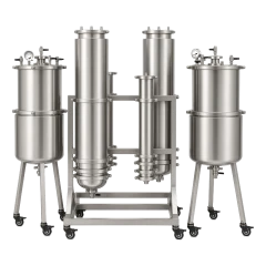 20lb Closed Loop Rack Extractor, 2 Columns, stainless columns on a wheeled rack between two collection tanks