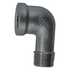 3/8" Female to Male Elbow, stainless 90-degree street elbow on a white surface