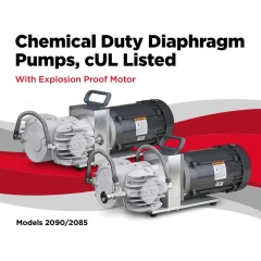 Welch Explosion Proof Chemical Diaphragm Pumps, brochure with two grey diaphragm pumps on black motors