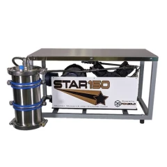 PDX Gold STAR 150 Recovery Pump in a Frame, pump in a grey steel frame with a stainless canister on the side