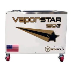 PDX Gold VaporSTAR 150G Pump with Gauges, white cabinet with star graphic on red caster wheels, front view